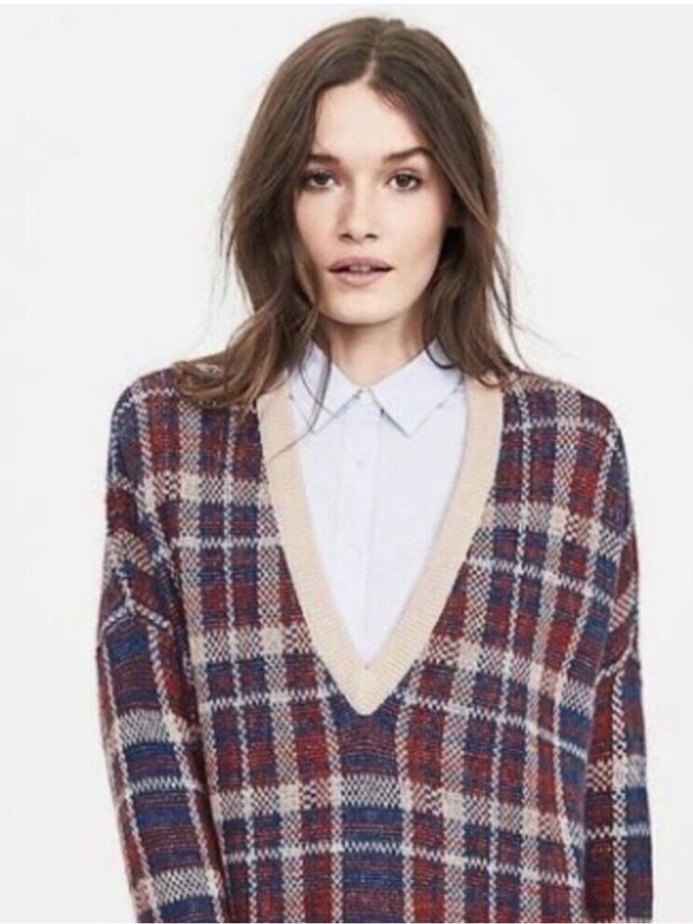 Banana Republic Plaid V-Neck Oversized Women's Sweater in Burgundy and Navy